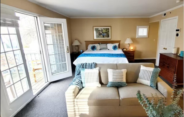 bedroom featuring carpet floors, access to outside, crown molding, and baseboards