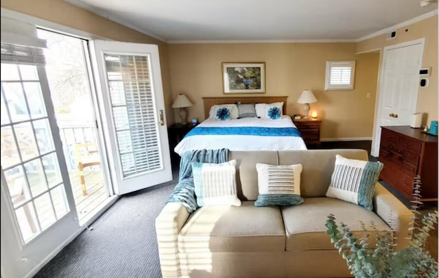 313 Old Pond Ln Unit 313, Norwich, CT 06360 - bedroom with access to exterior, crown molding, baseboards, and carpet flooring