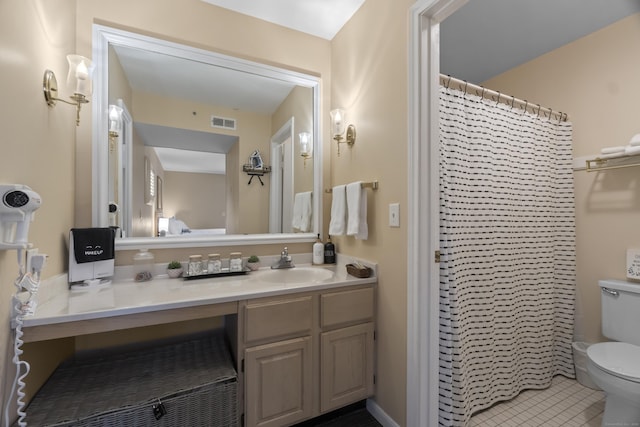 full bath with toilet, tile patterned flooring, visible vents, and vanity