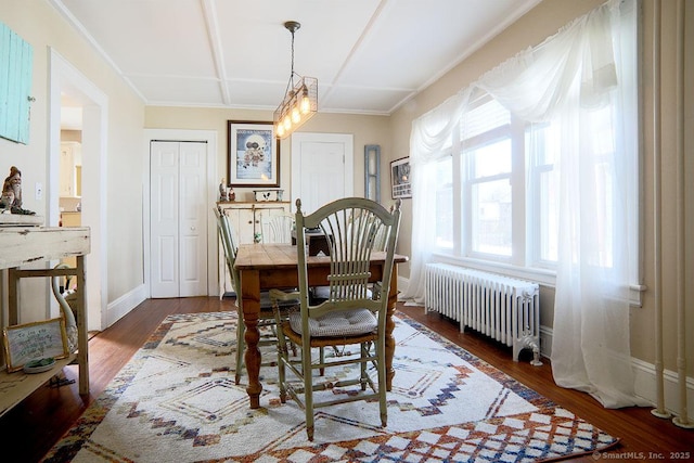 dining area with radiator, baseboards, wood finished floors, and ornamental molding