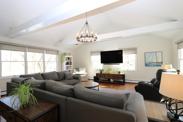 living room featuring a chandelier, wood finished floors, vaulted ceiling with beams, baseboard heating, and a baseboard heating unit