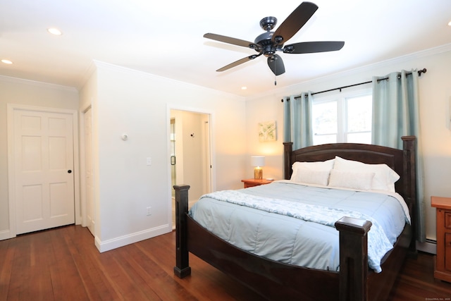 bedroom featuring crown molding, dark wood-type flooring, baseboards, recessed lighting, and a ceiling fan