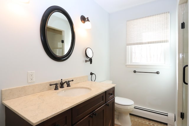 full bathroom featuring a shower with door, a baseboard heating unit, toilet, and vanity