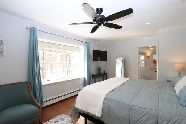 bedroom with ceiling fan, wood finished floors, baseboard heating, crown molding, and recessed lighting