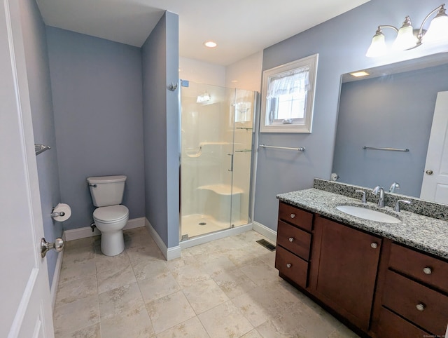 full bath featuring a stall shower, visible vents, toilet, and baseboards