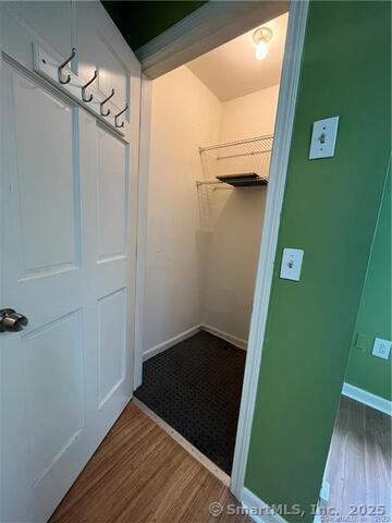 walk in closet featuring dark wood-style flooring