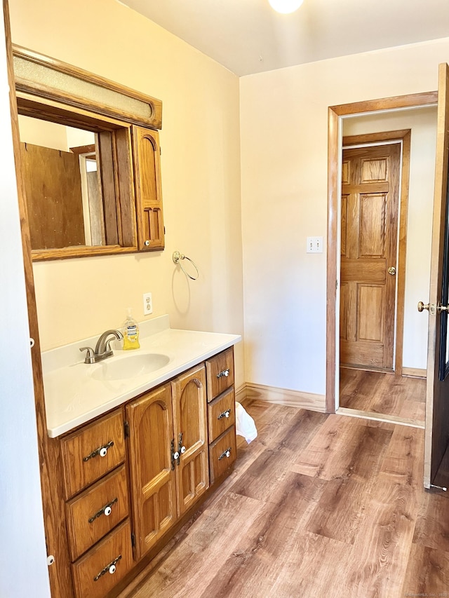 bathroom featuring wood finished floors, vanity, and baseboards