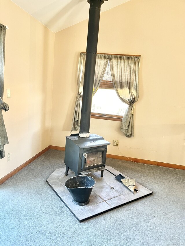 details featuring carpet flooring, a wood stove, and baseboards