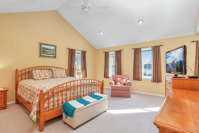 bedroom featuring recessed lighting, a ceiling fan, carpet flooring, high vaulted ceiling, and baseboards