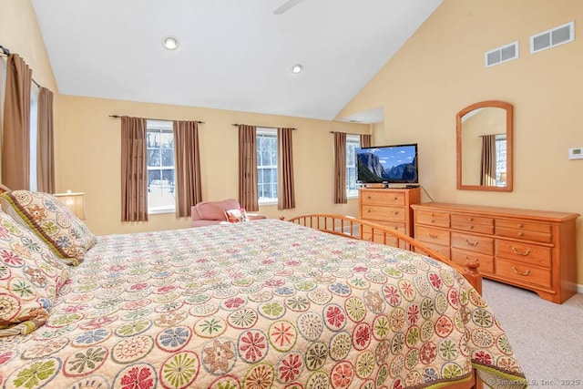 bedroom with high vaulted ceiling, recessed lighting, visible vents, and carpet flooring