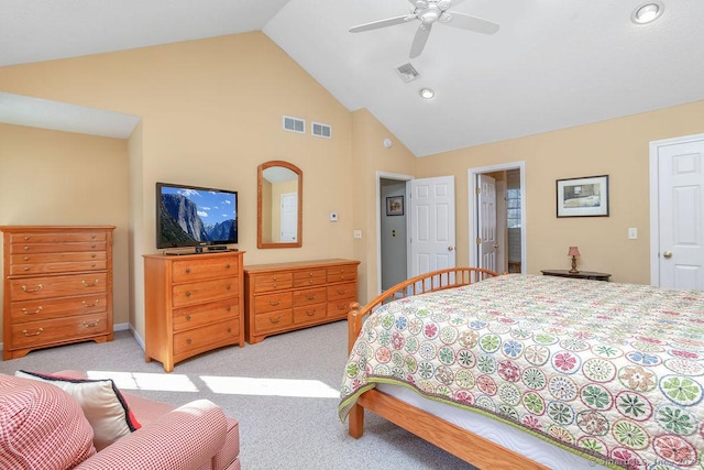 bedroom with light carpet, visible vents, and a ceiling fan