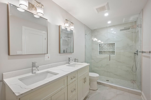 full bath featuring marble finish floor, double vanity, a sink, and a marble finish shower