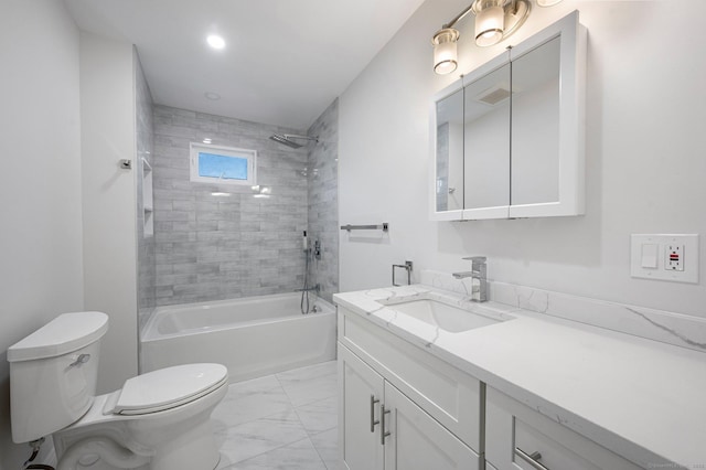 full bathroom featuring toilet, visible vents, vanity, marble finish floor, and shower / bathing tub combination