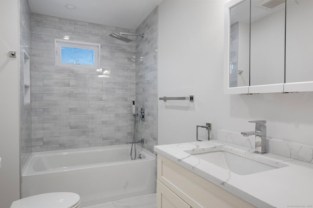 bathroom with visible vents, shower / bathing tub combination, vanity, and toilet