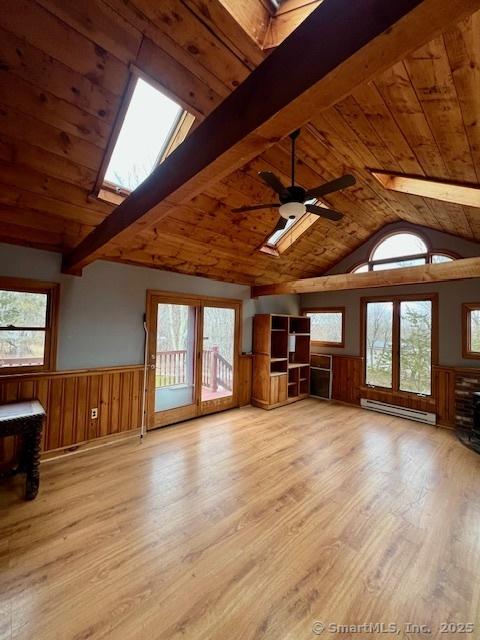 unfurnished living room featuring wooden ceiling, a wainscoted wall, and a baseboard heating unit