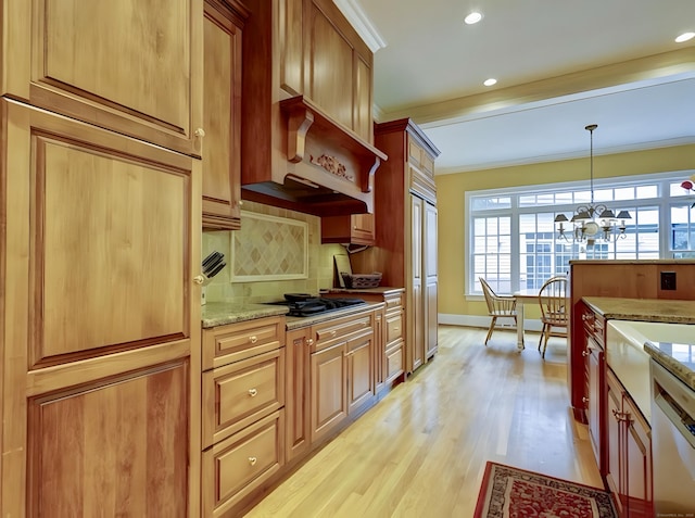 1 Wentworth Park, Farmington, CT 06032 - kitchen featuring decorative backsplash, black gas cooktop, light wood finished floors, light stone countertops, and crown molding