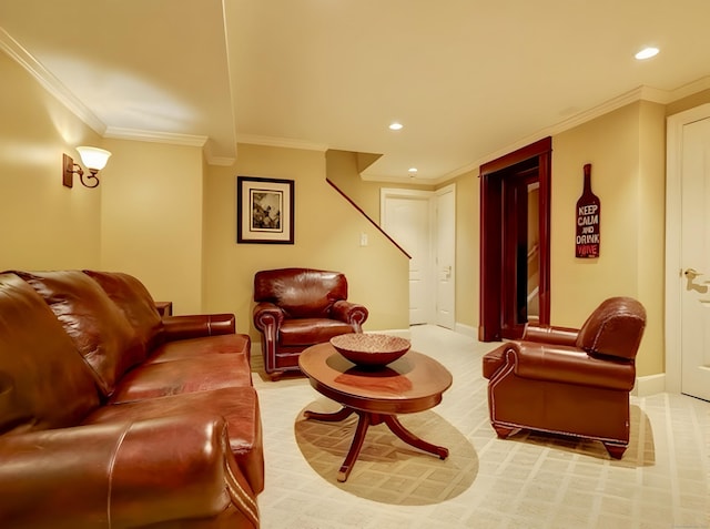 living room featuring recessed lighting, crown molding, and baseboards