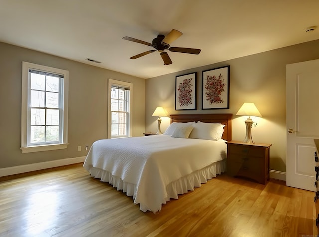 bedroom with multiple windows, baseboards, visible vents, and light wood finished floors