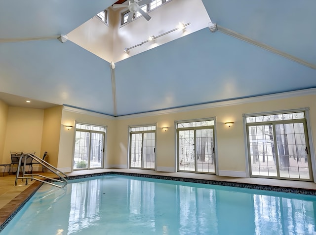 indoor pool with ceiling fan