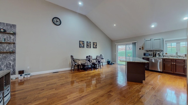 kitchen with a healthy amount of sunlight, light wood-style flooring, appliances with stainless steel finishes, and a sink