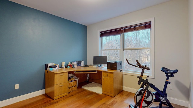 office with light wood-type flooring and baseboards