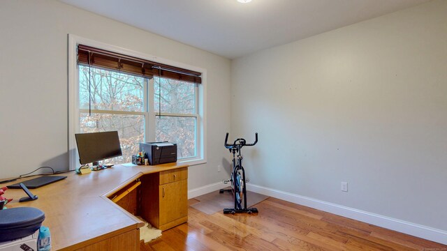 home office featuring light wood-type flooring and baseboards