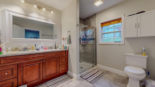 bathroom featuring baseboards, a shower stall, and toilet