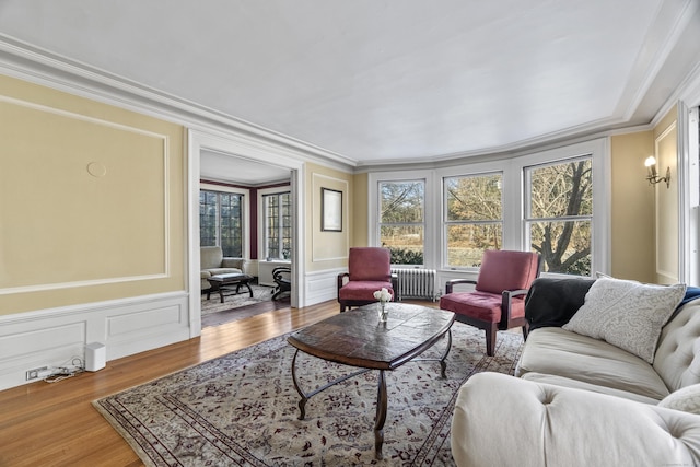 living area featuring radiator, crown molding, a decorative wall, and wood finished floors