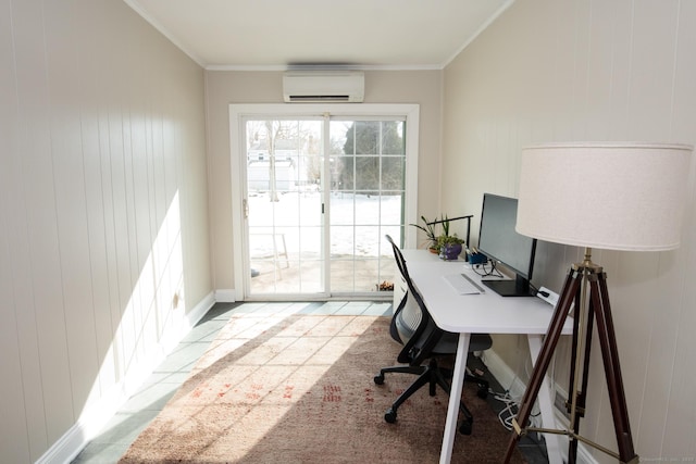 office area featuring crown molding and a wall mounted AC