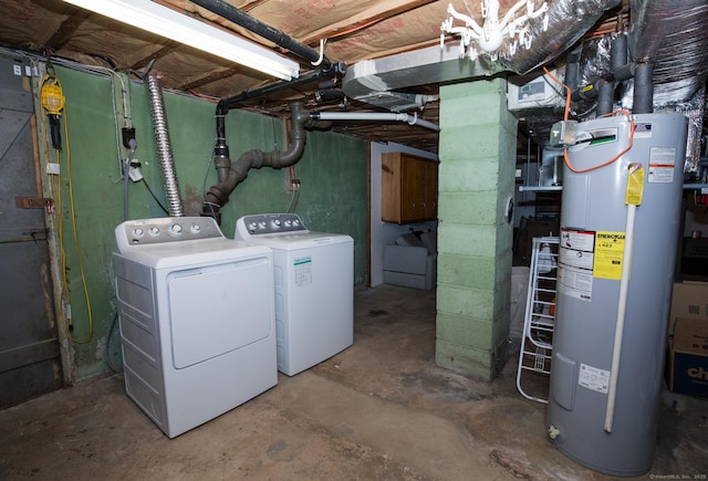 unfinished basement featuring water heater and separate washer and dryer