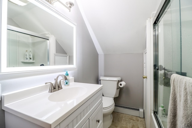 full bath with lofted ceiling, a shower with door, toilet, vanity, and a baseboard heating unit