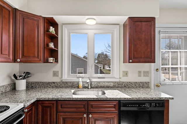 kitchen featuring plenty of natural light, dishwasher, reddish brown cabinets, and a sink