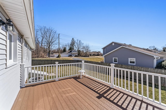 deck featuring a lawn and fence