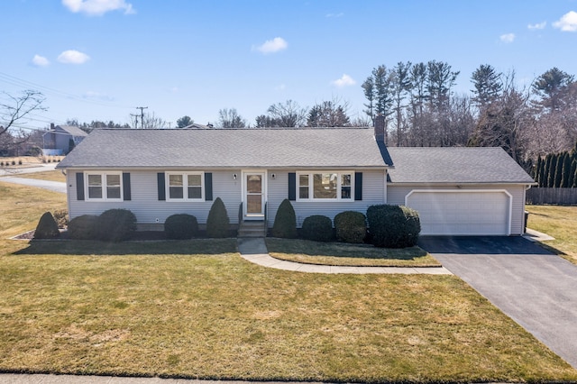 single story home with driveway, an attached garage, a chimney, a shingled roof, and a front lawn