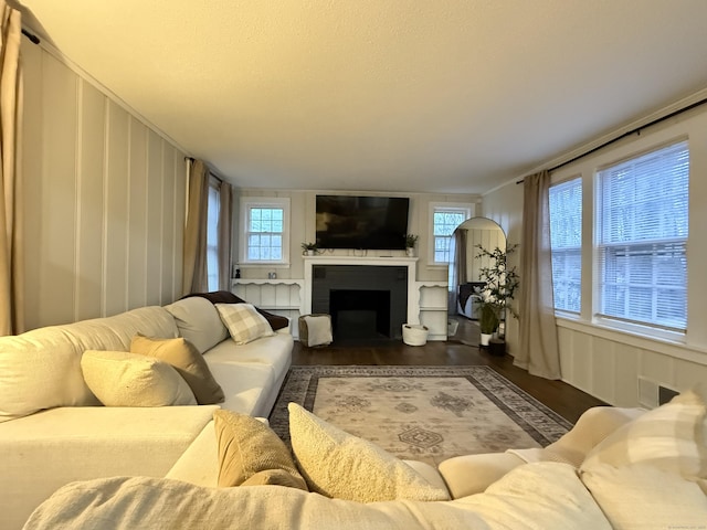 living room featuring dark wood-style flooring and a fireplace with flush hearth