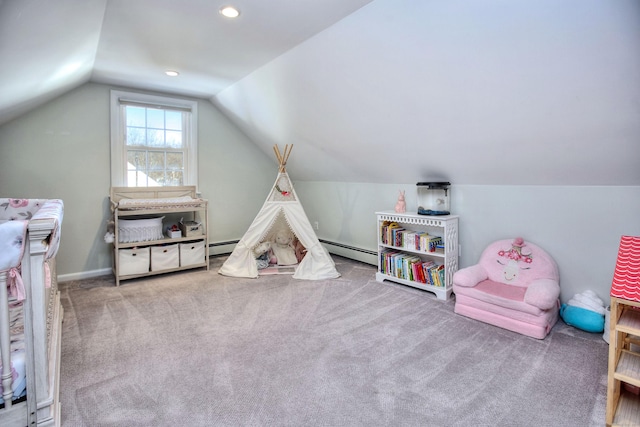 rec room with lofted ceiling, recessed lighting, a baseboard heating unit, carpet flooring, and baseboards