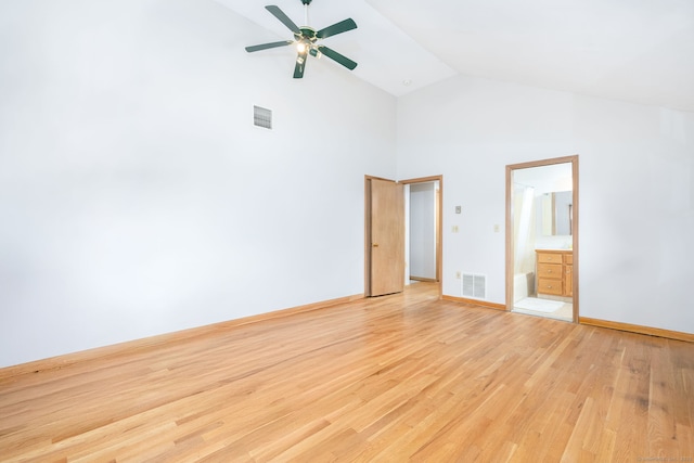 30 Holly Cir, Windsor, CT 06095 - unfurnished bedroom with high vaulted ceiling, light wood-type flooring, connected bathroom, and ceiling fan