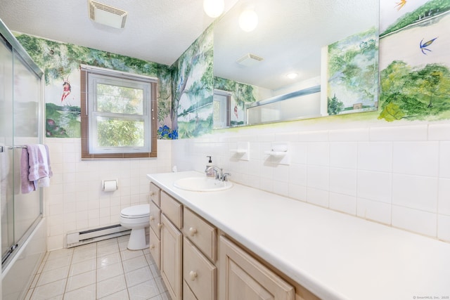 30 Holly Cir, Windsor, CT 06095 - bathroom with a baseboard heating unit, tile patterned flooring, vanity, wallpapered walls, and tile walls
