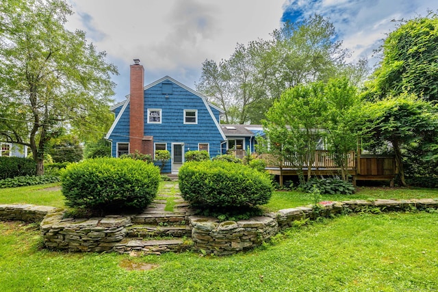 30 Holly Cir, Windsor, CT 06095 - rear view of house with a chimney, a lawn, and a wooden deck