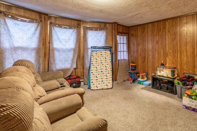 carpeted living room with a textured ceiling and wooden walls