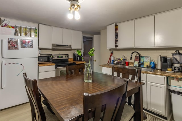 kitchen featuring under cabinet range hood, a sink, electric stove, backsplash, and freestanding refrigerator