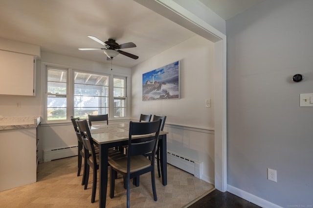 dining room with ceiling fan and baseboard heating