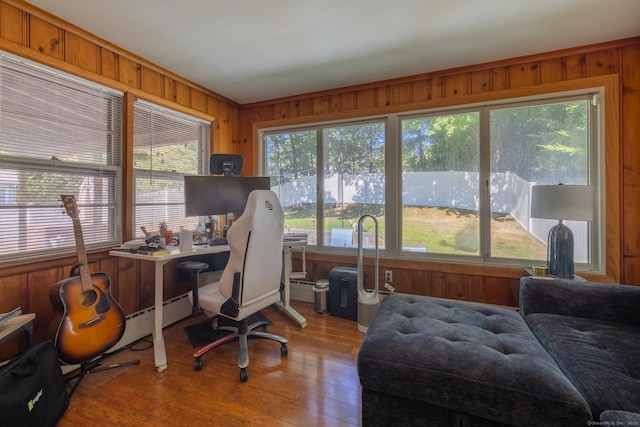 office featuring a healthy amount of sunlight, light wood finished floors, and wooden walls