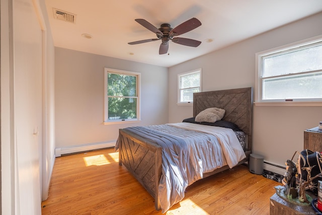 bedroom featuring light wood-type flooring, a baseboard radiator, visible vents, and ceiling fan