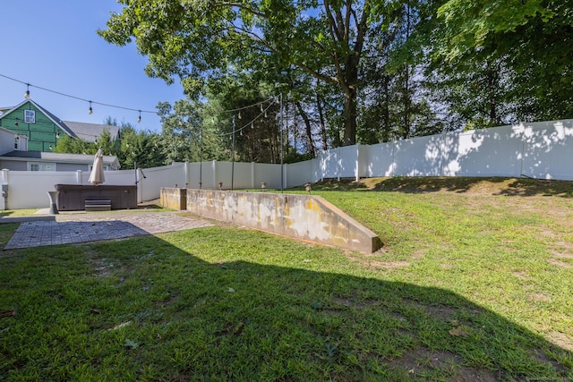 view of yard featuring a patio area, a fenced backyard, and a hot tub