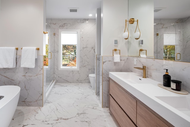 full bathroom featuring stone wall, a sink, visible vents, marble finish floor, and a marble finish shower