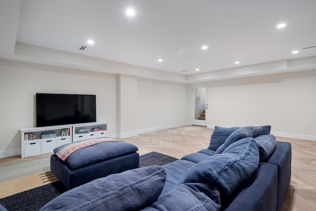 living area with stairway, recessed lighting, visible vents, and baseboards