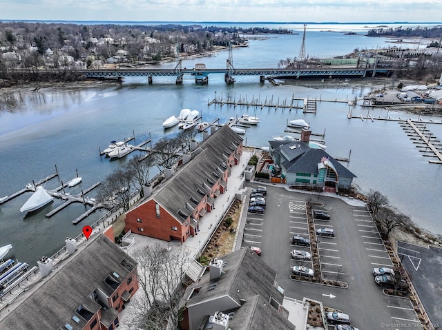 drone / aerial view featuring a water view