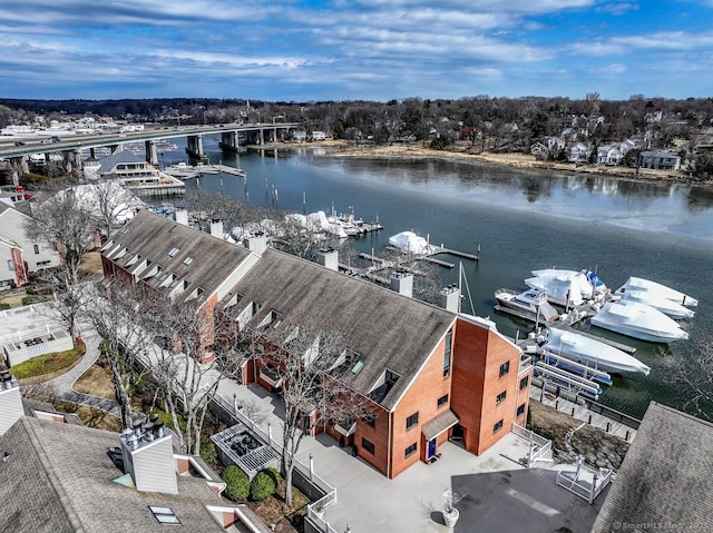 drone / aerial view with a water view