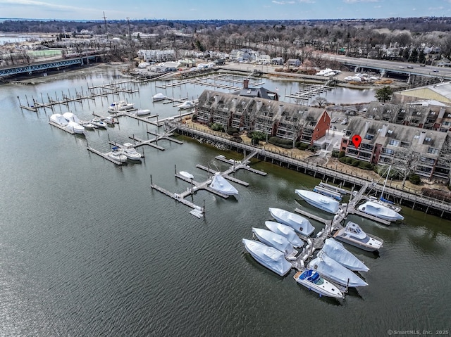 drone / aerial view featuring a water view